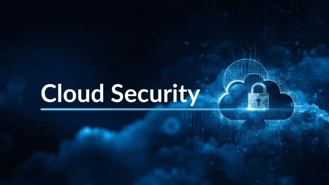 Abstract digital background featuring a cloud symbol with a padlock, accompanied by the text "Cloud Security."