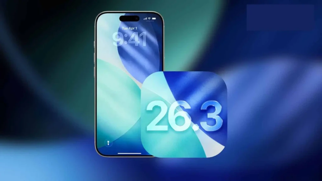 An iPhone displaying the time 9:41 with a stylized icon featuring "26.3" against a blue and green gradient background.