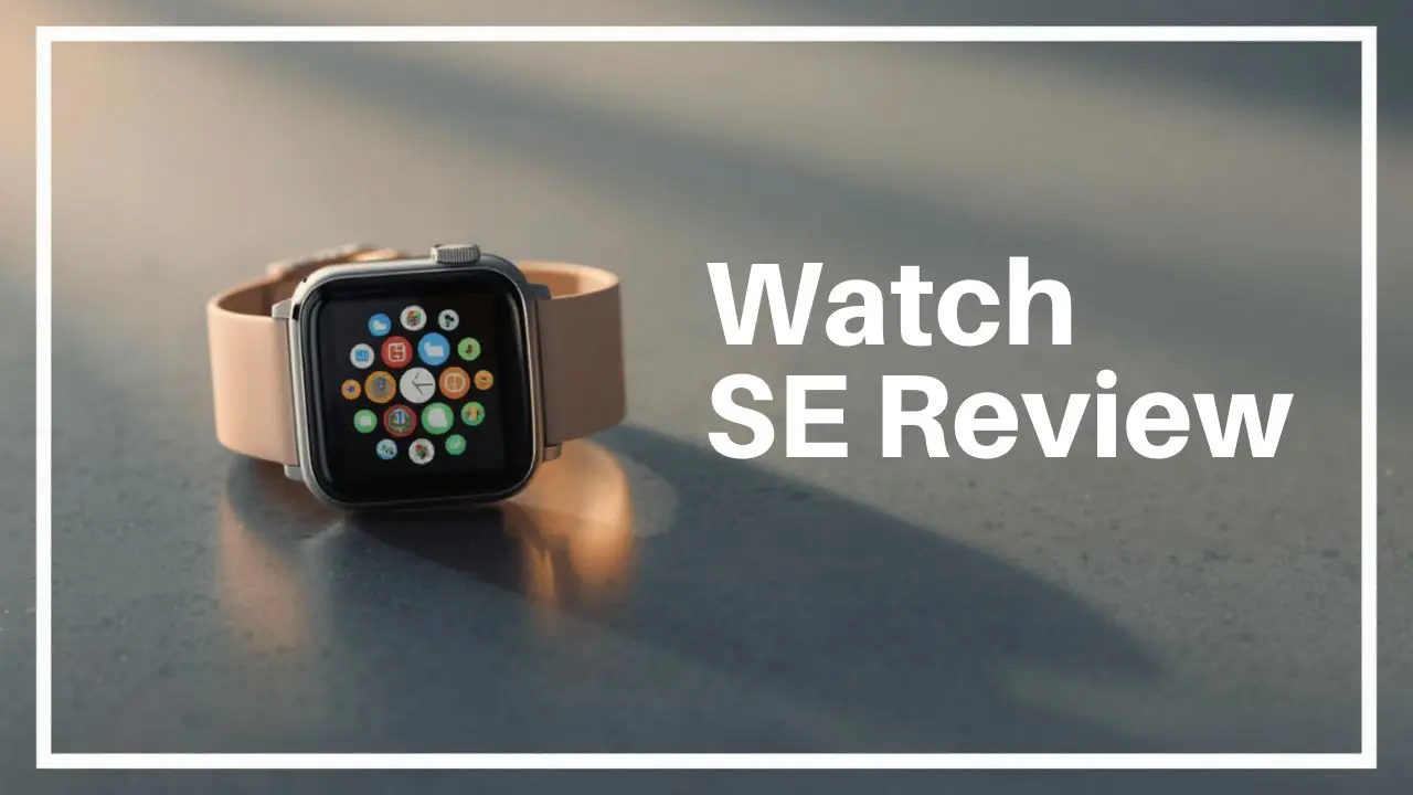 A promotional graphic for a "Watch SE Review," featuring an Apple Watch SE with a silver case and a light pink sport band. The watch is resting on a dark surface, displaying its home screen with app icons, while the review title is overlaid in bold white text.