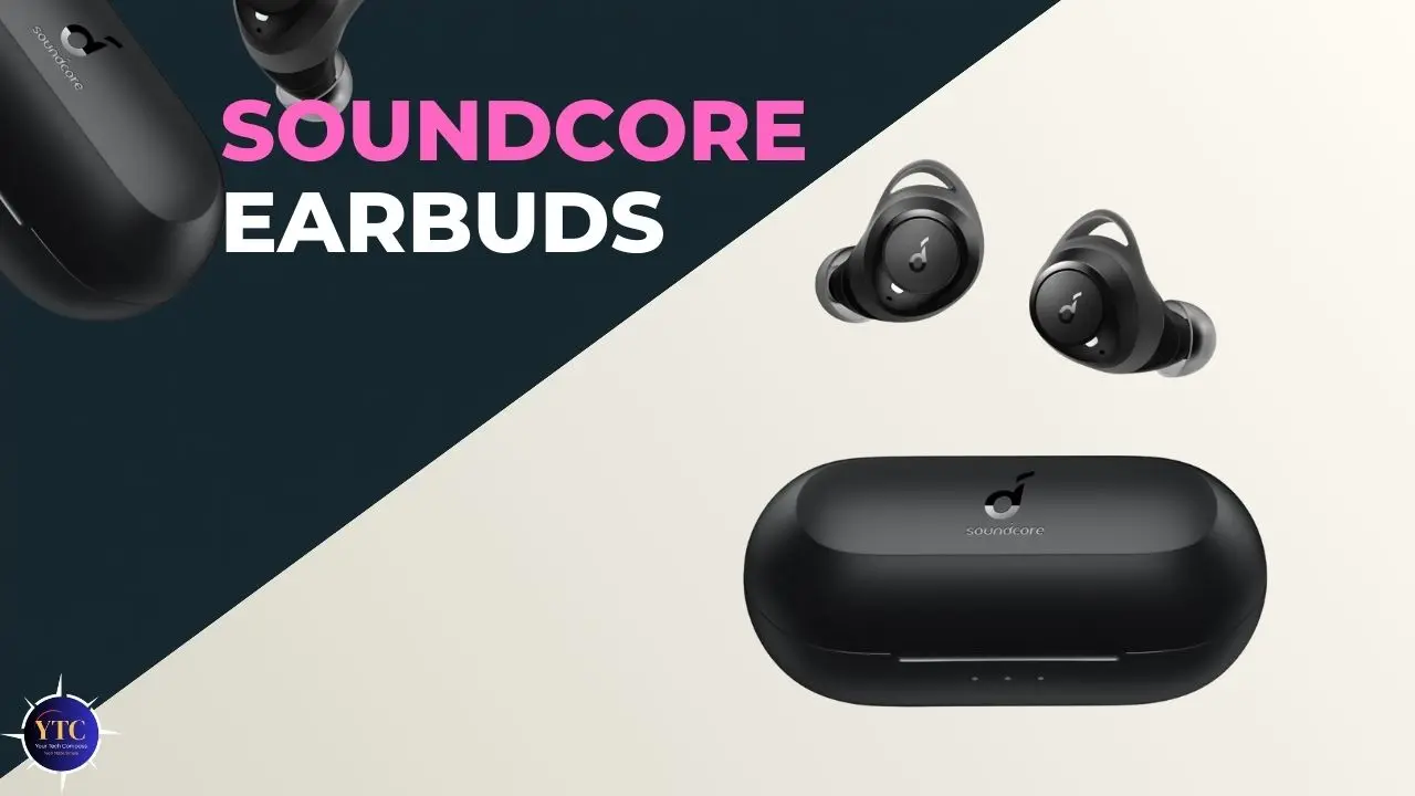 Black Soundcore earbuds are displayed above their charging case, set against a two-tone background. Bold text says "SOUNDCOR" and "EARBUDS."
