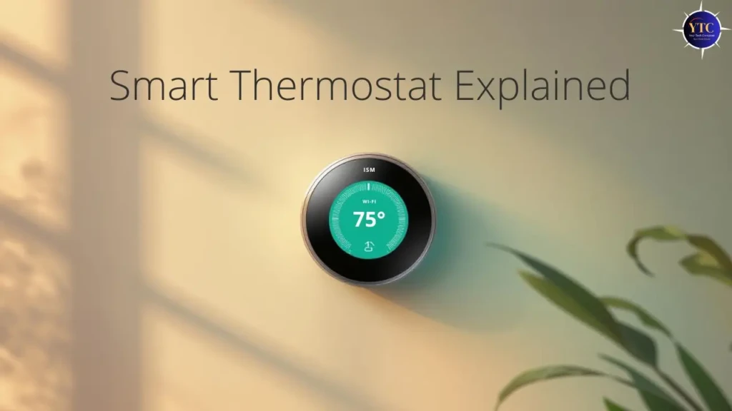 A smart thermostat displaying a temperature of 75°F, with text overlay reading "Smart Thermostat Explained," set against a warm background.