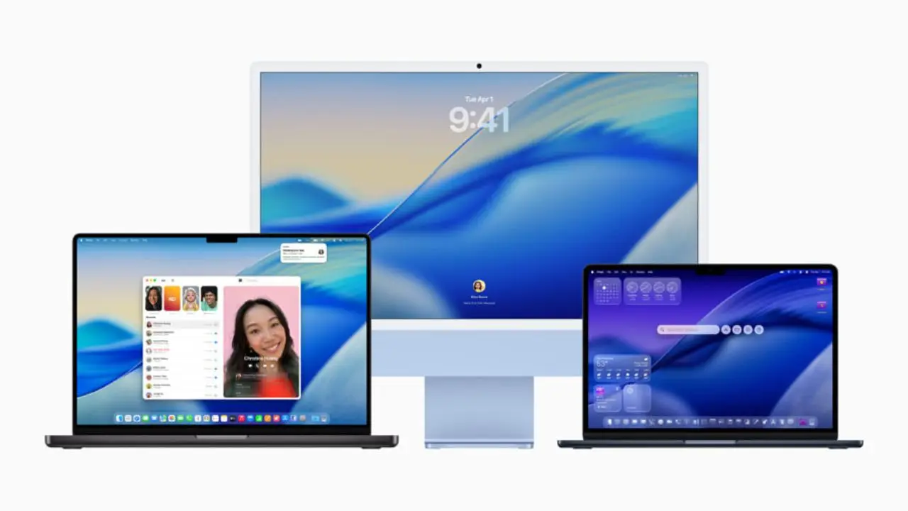 Three Apple devices, a MacBook, an iMac, and a MacBook Air, are shown side-by-side against a white background. Each device displays the macOS desktop with a blue abstract wallpaper, showcasing the operating system's consistent design across different hardware.