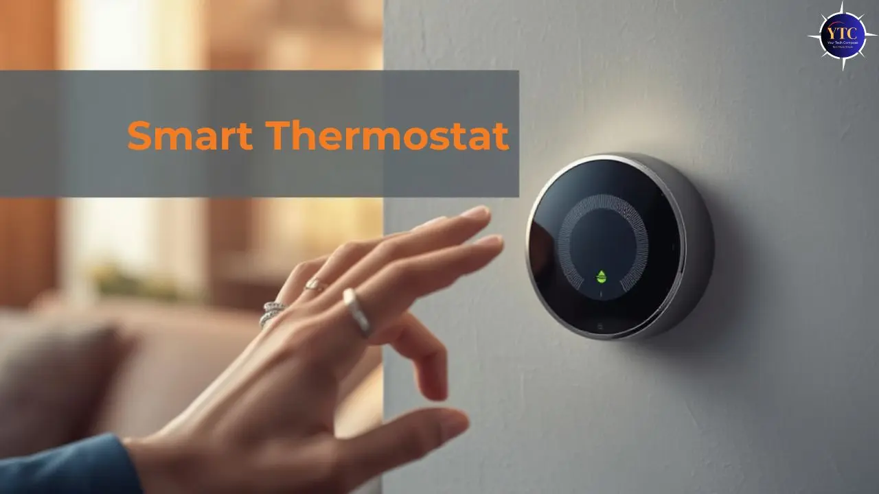 A hand adjusting a sleek smart thermostat on a wall, displaying a digital interface and a green indicator.