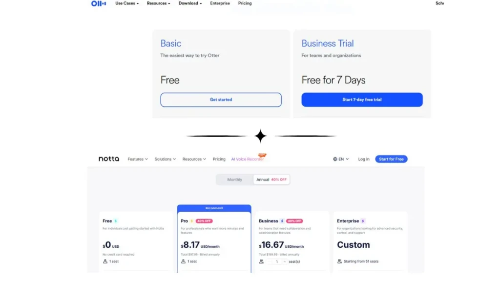 Pricing plans for Otter's voice recording services, including options for free, Pro, Business, and Enterprise tiers.