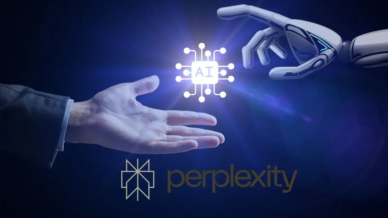 A human hand and a robotic hand reach toward a glowing "AI" symbol, symbolizing collaboration between humans and artificial intelligence.