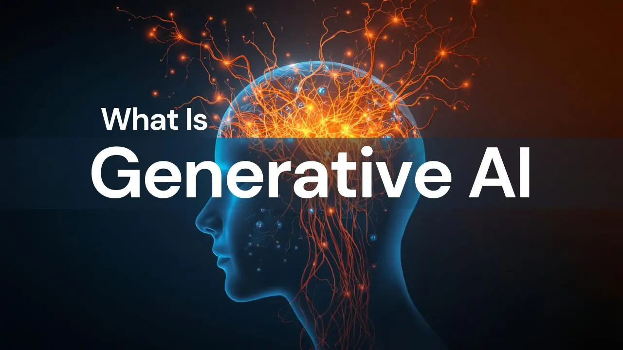 A glowing, abstract representation of a brain with energetic lines and particles, accompanied by the text "What Is Generative AI."