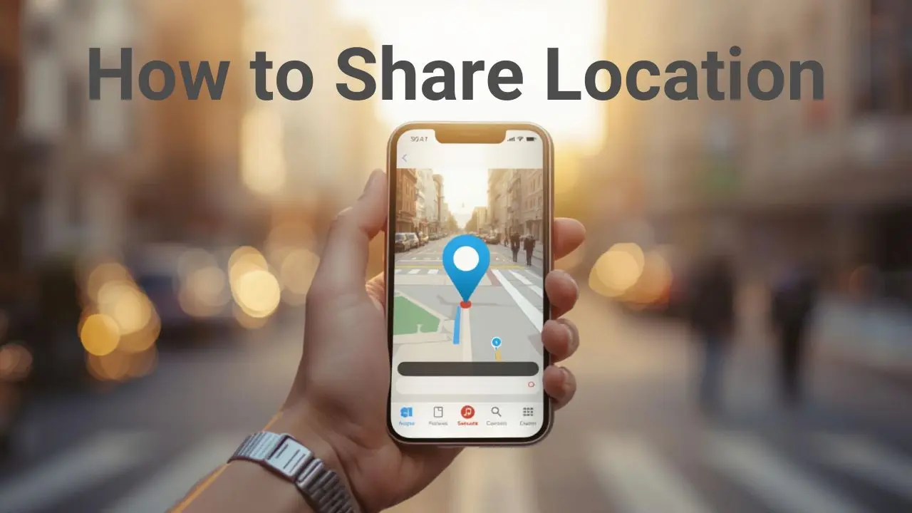How to share location banner showing a hand holding an iPhone with a map pin on the screen in a city street background