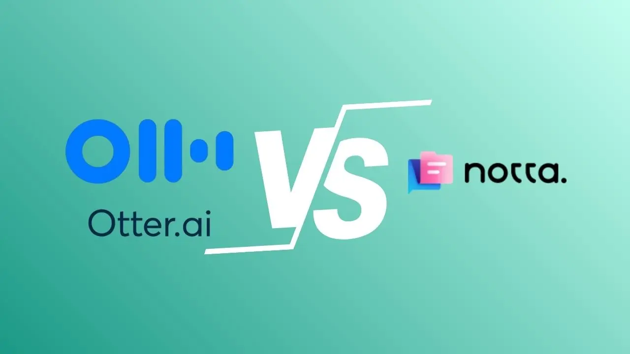 Logo comparison of Otter.ai and Notta on a green background, featuring a “vs” graphic in the center.