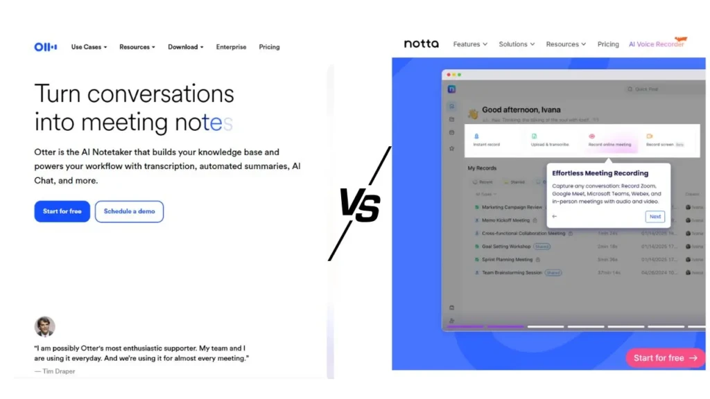 Comparison of two AI note-taking tools: Otter and Notta, showcasing features for meeting transcription and recording.
