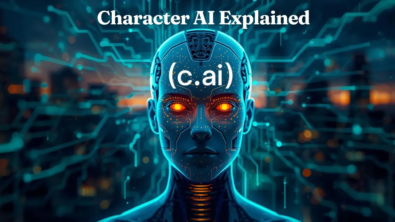 A futuristic humanoid robot head against a digital circuit background, with the text "Character AI Explained" above.