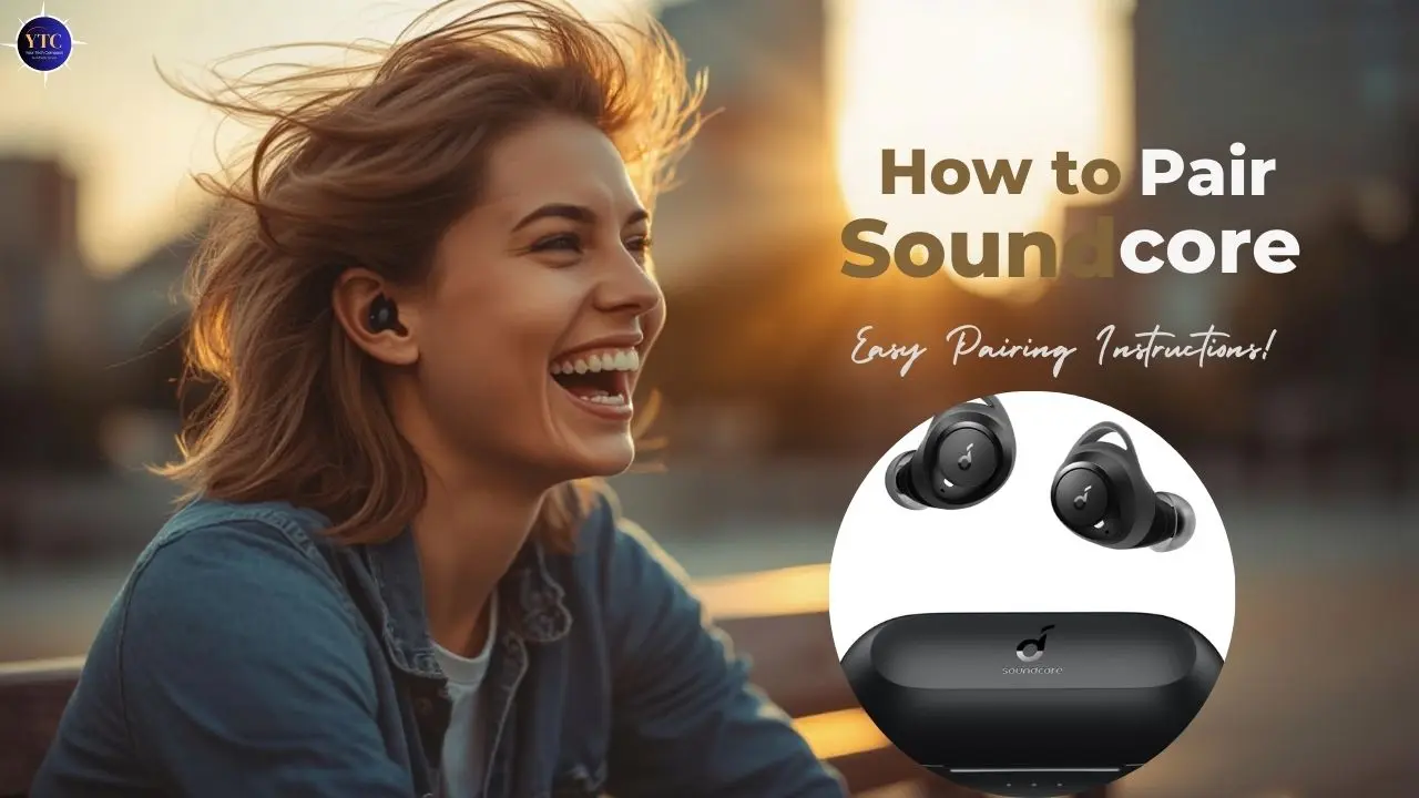 A person with earphones enjoys the outdoors, with an instructional overlay on pairing Soundcore earbuds.