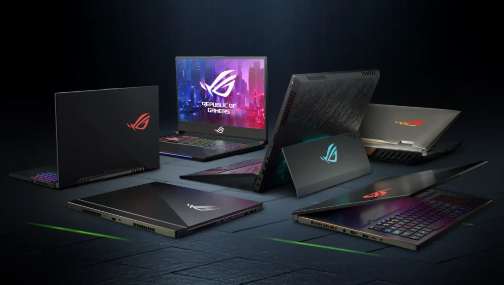 Asus ROG gaming laptops arranged in a circular layout highlighting ports, keyboards, and lid designs