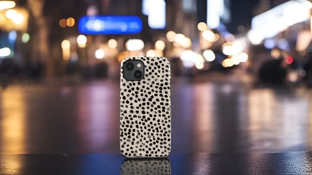 Smartphone standing upright with a white and black spotted protective case on a reflective surface in a city street setting at night