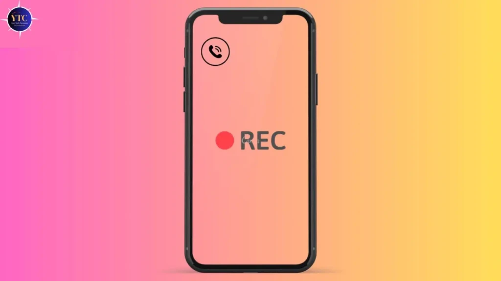 Smartphone illustration showing a recording indicator and call icon on a gradient background representing call recording
