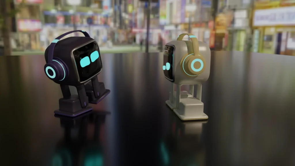 Two stylized robots with headphones stand on a reflective surface, set against a colorful, blurred urban background.