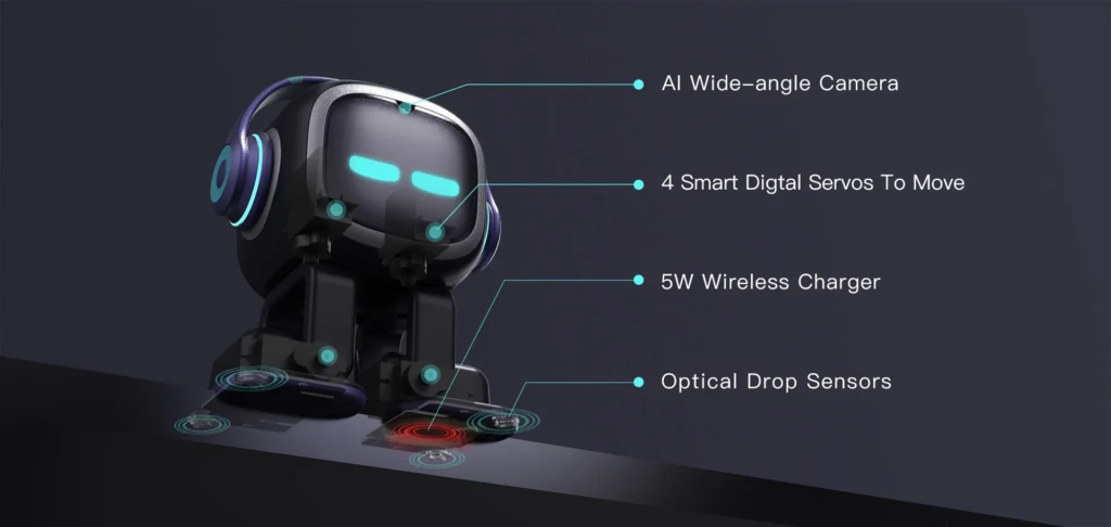 A small robot equipped with an AI camera, digital servos, wireless charger, and optical drop sensors on a sleek surface.