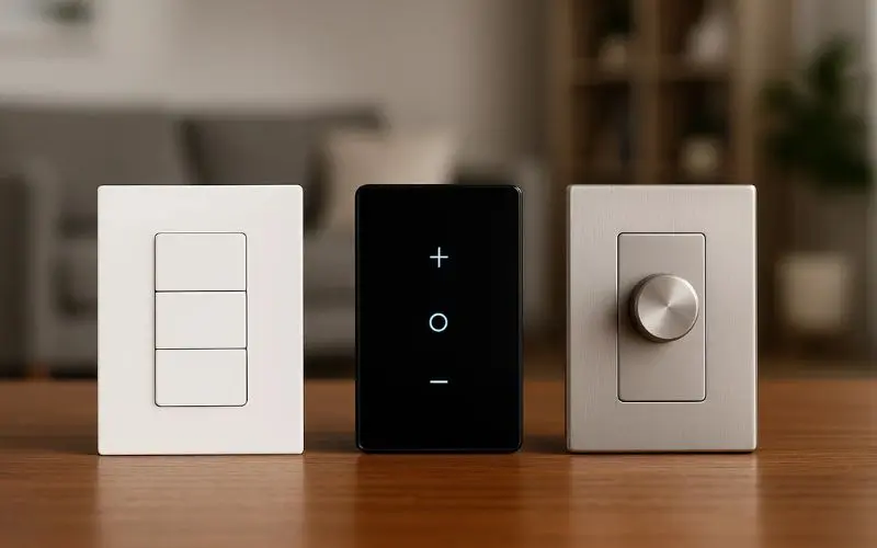 Three light switches are displayed on a wooden surface: a white switch with three buttons, a modern black touch panel, and a silver rotary knob.