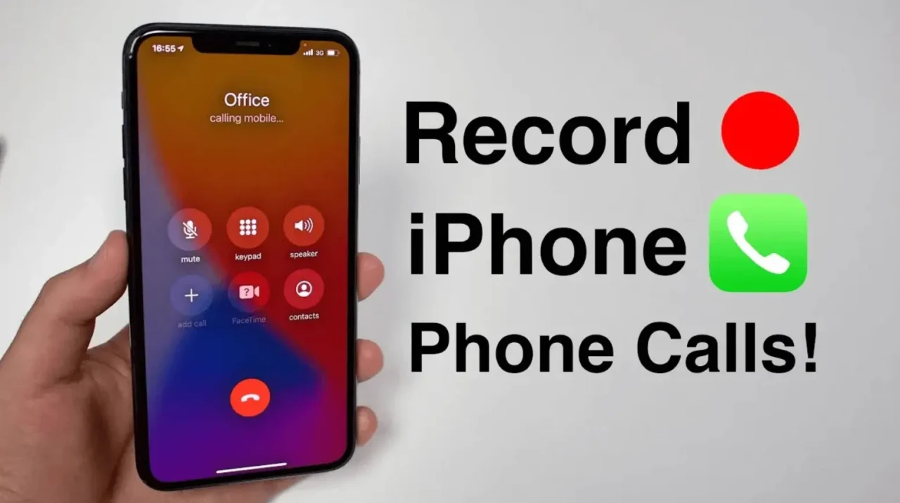 iPhone call screen showing an active call with call controls including mute keypad and speaker and text reading record iPhone phone calls