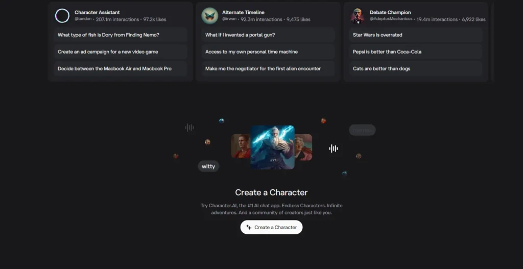 A screenshot of the Character AI home screen showcasing its core features. It displays popular pre-made characters like "Character Assistant," "Alternate Timeline," and "Debate Champion," along with a central "Create a Character" button for users to build their own AI personas.