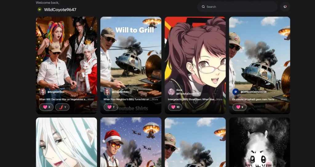 A feed of user-generated content on Character AI, featuring a variety of imaginative scenarios and character interactions. The tiles show creative prompts like "Will to Grill" and "Intergalactic BBQ Showdown," complete with images and user engagement metrics like likes.