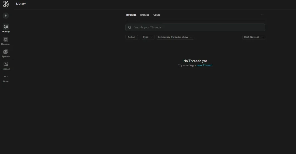 The Perplexity Library interface in dark mode, showing an empty "Threads" section. The screen displays the message "No Threads yet" with a prompt to "Try creating a new Thread." Navigation options for Library, Discover, Spaces, and Finance are visible on the left sidebar.