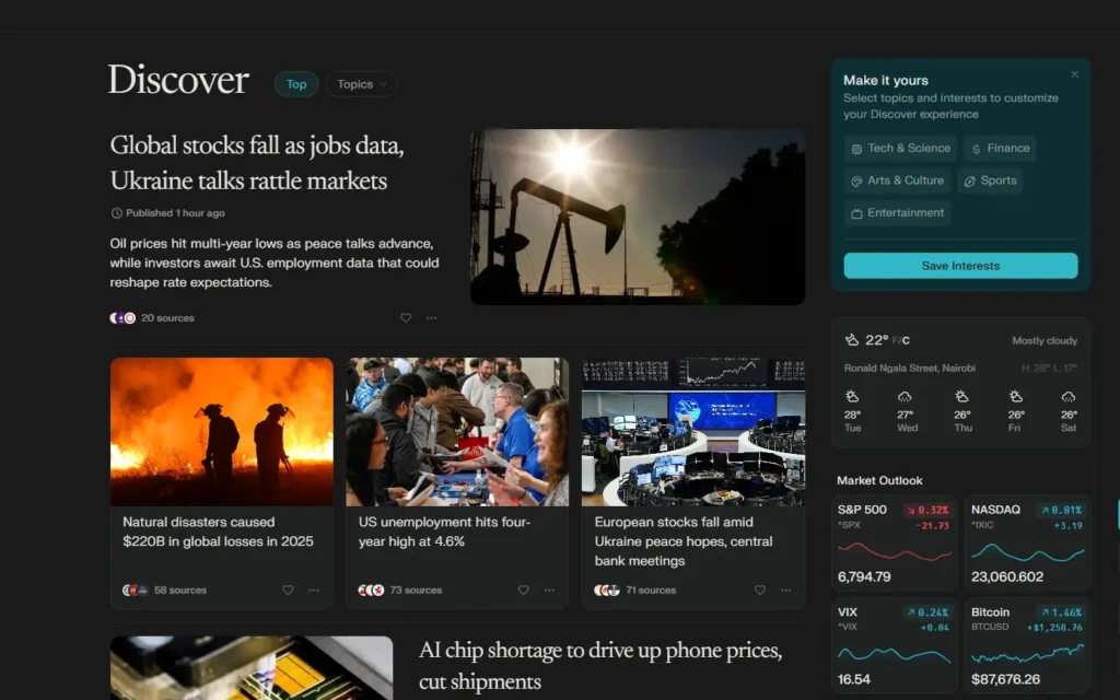 The Perplexity Discover feed, featuring curated news articles and market updates. Headlines include "Global stocks fall as jobs data, Ukraine talks rattle markets" and "AI chip shortage to drive up phone prices." A sidebar on the right allows users to customize their interests and view weather and market outlooks.