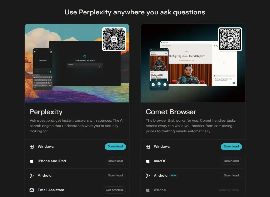A promotional graphic for Perplexity, titled "Use Perplexity anywhere you ask questions." It showcases two applications: Perplexity (an AI search engine) and Comet Browser. Each section includes download buttons for Windows, macOS, and Android, along with QR codes for easy access.