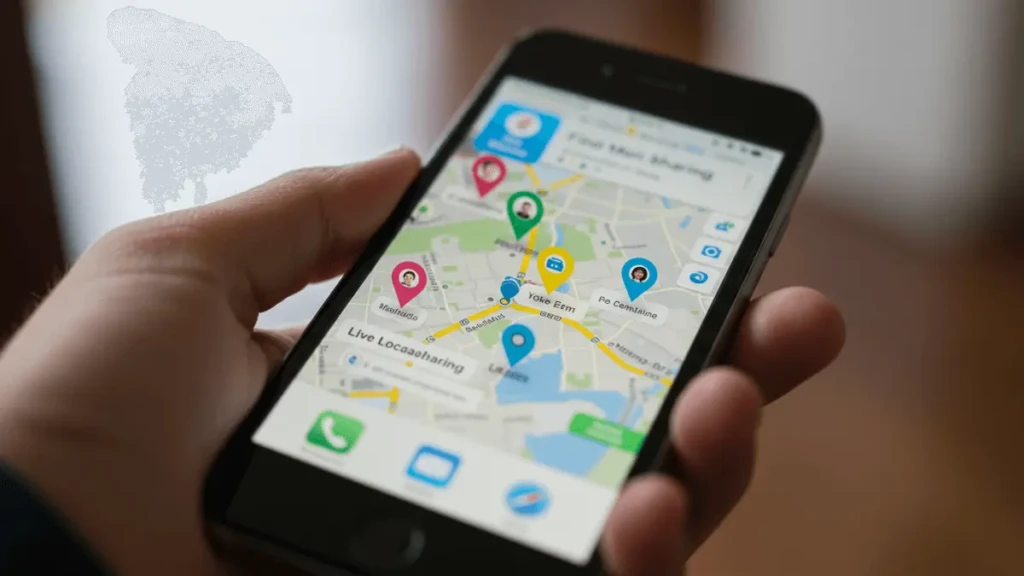 Hand holding an iPhone displaying a live location sharing map with multiple contact location pins