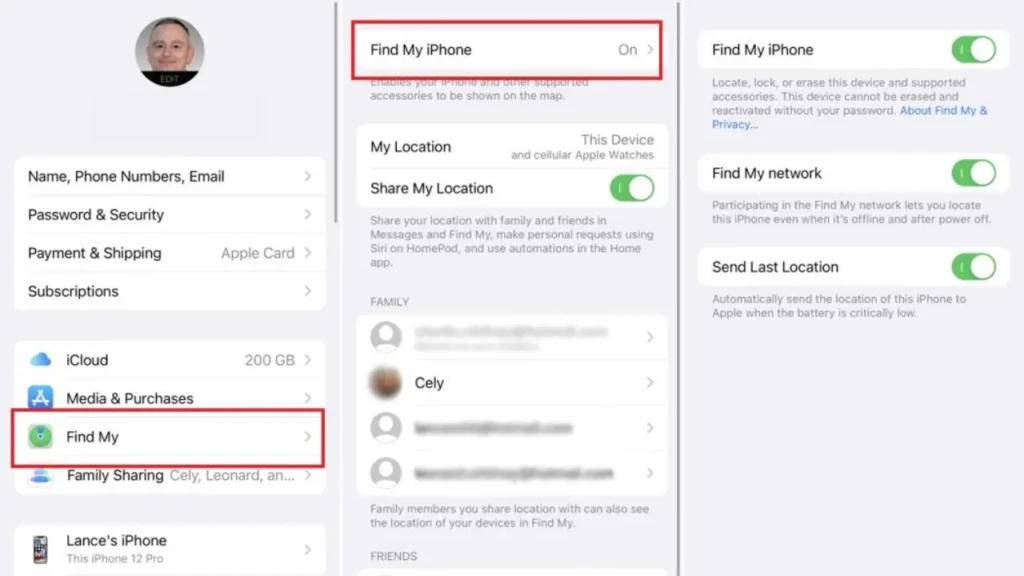 iPhone settings screens showing Find My iPhone enabled Find My network active and send last location toggled on