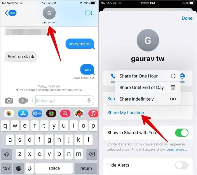 iMessage conversation screen showing share my location options including one hour end of day and indefinitely
