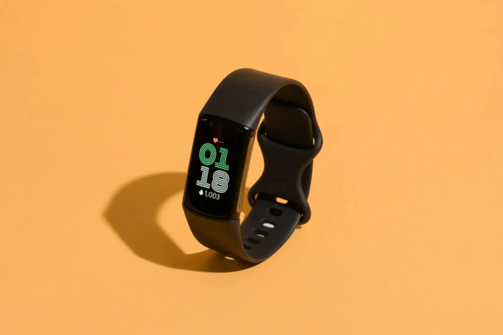 Black fitness tracker with rectangular color display showing time and step count, photographed on an orange background.