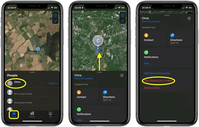 Find My app screens on iPhone showing a shared contact location map contact details and stop sharing my location option