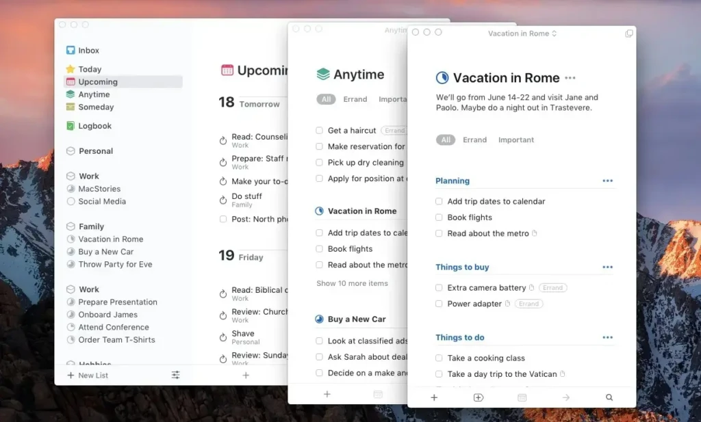 Things 3 desktop app interface showing task lists upcoming schedules and a detailed project view on macOS