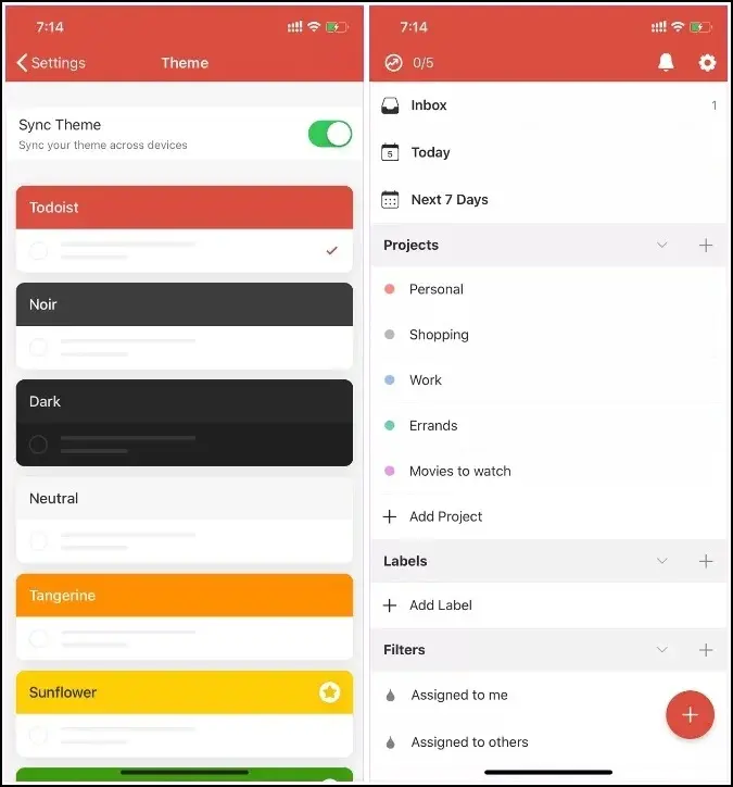 Todoist mobile app screens showing theme selection project lists inbox and filters on a smartphone