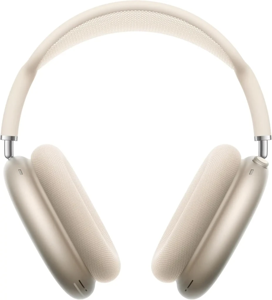 A beige Apple AirPods Max headset viewed from the front, with its signature mesh headband and cushioned earcups against a clean white background, highlighting its luxurious comfort, premium materials, and seamless integration with the Apple ecosystem.