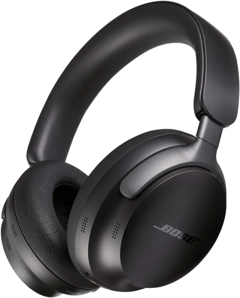 A black Bose QuietComfort 45 over-ear headphone displayed against a white background, featuring the Bose logo on the earcup and soft leather earpads, showcasing its iconic noise-canceling comfort and refined, understated luxury for everyday use.