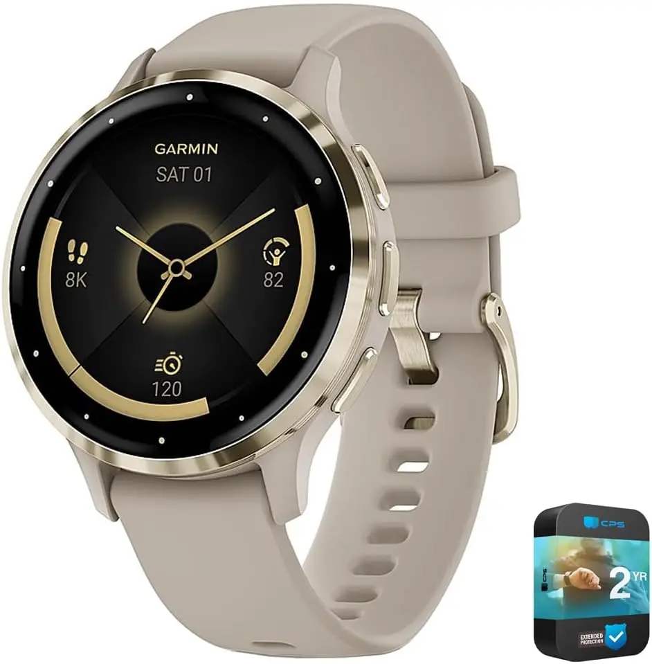 A Garmin smartwatch with a beige silicone strap and gold-tone bezel, displaying an elegant analog-style face with step count (8K), heart rate (82 bpm), and timer (120). A CPS 2-year extended protection badge appears in the corner, suggesting a bundled warranty offer