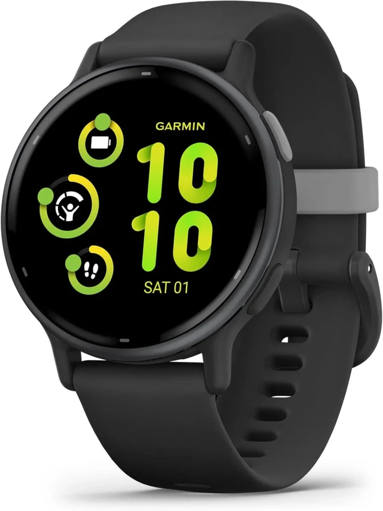 A sleek black Garmin smartwatch with a minimalist black strap, displaying a vibrant green-and-yellow digital face with time (10:10), date (Sat 01), and activity rings for steps, stress, and sleep tracking, emphasizing daily health monitoring in a modern, stylish package