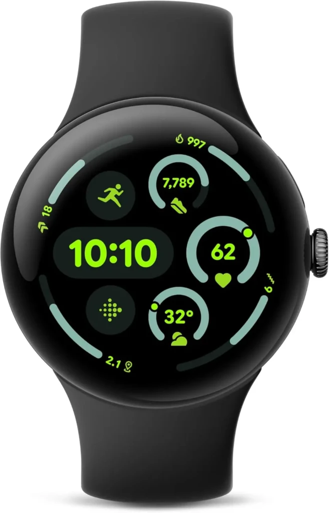 A Google Pixel Watch displaying a vibrant green-themed fitness dashboard with time (10:10), step count (7,789), heart rate (62), temperature (32°), and calories burned (997), highlighting its real-time health and activity tracking capabilities in a bold, modern interface.