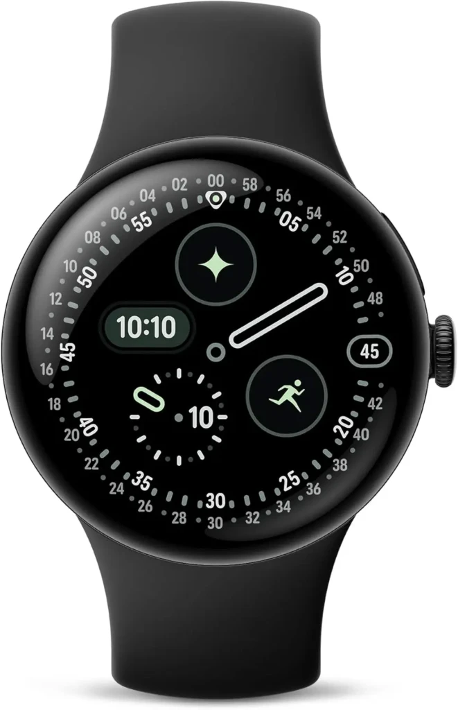 A close-up of the Google Pixel Watch showing a sophisticated analog watch face with multiple subdials for time, activity, and metrics, along with a running icon and date indicator, showcasing its detailed, customizable UI and fitness-oriented functionality.
