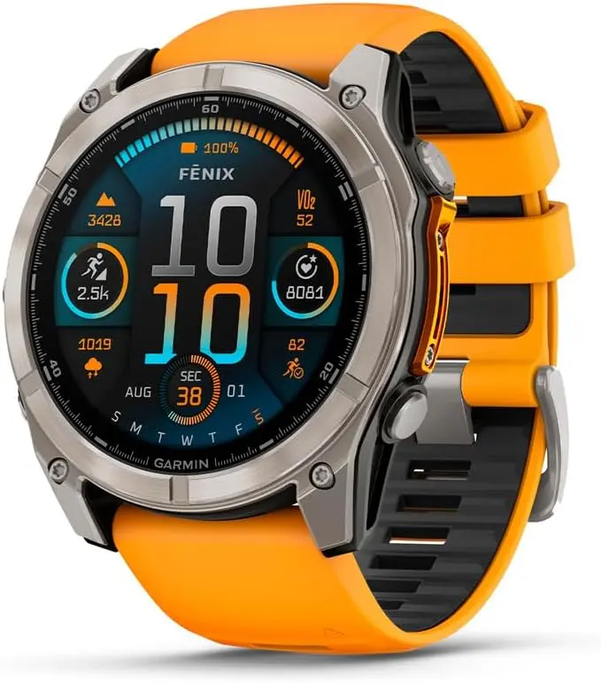 A close-up of the Garmin Fenix 8 smartwatch with a vibrant orange silicone strap and titanium bezel. The detailed watch face displays time (10:10), date (August 31), battery at 100%, elevation (3428 ft), VO₂ max (52), steps (8081), and active seconds (38), highlighting its advanced fitness and outdoor tracking capabilities