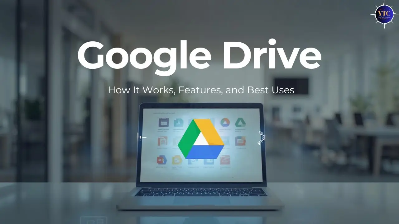 Laptop placed on a desk in a modern office environment with the Google Drive logo displayed on the screen, overlaid text reading “Google Drive” and “How It Works, Features, and Best Uses,” and a blurred workspace background with desks and chairs