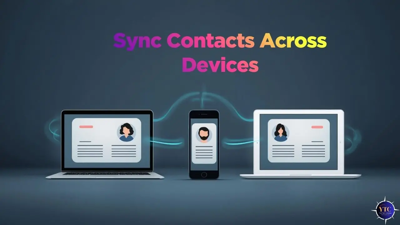 Illustration titled “Sync Contacts Across Devices” showing a laptop, smartphone, and tablet each displaying a contact profile, with glowing lines connecting all devices to indicate shared and synchronized contact information across multiple screens