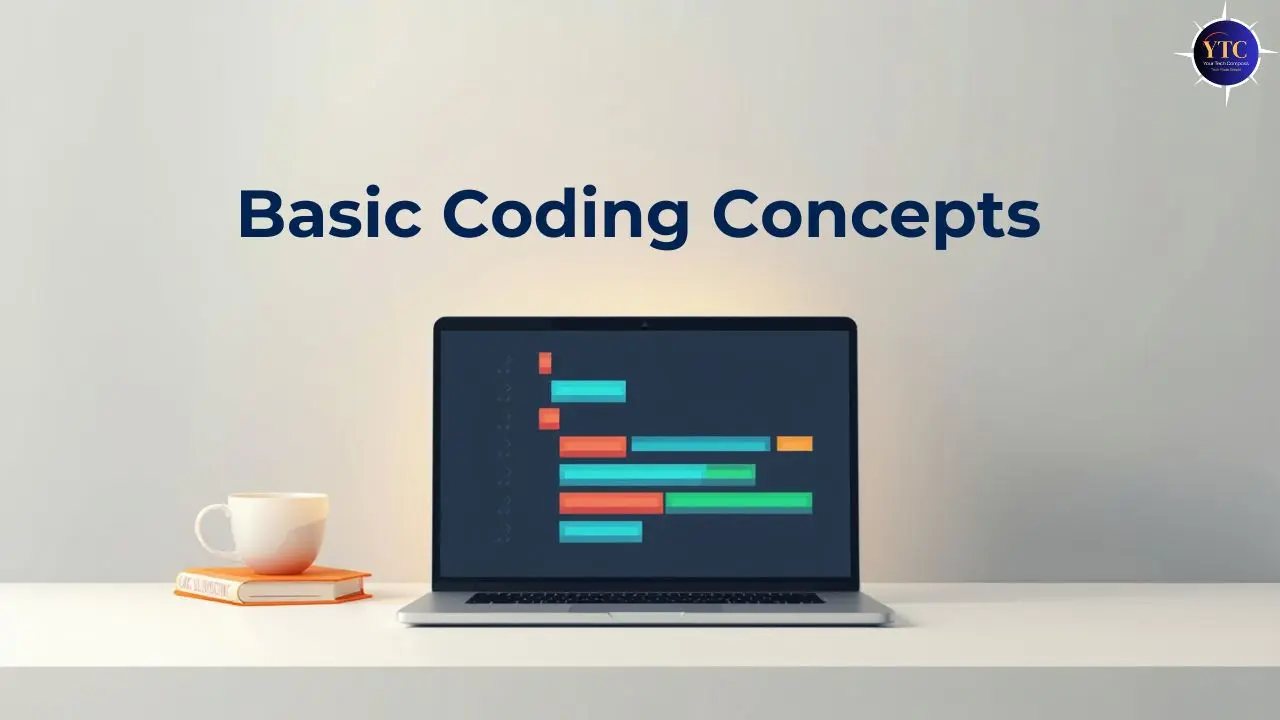 A clean, minimalist desk setup featuring a laptop displaying colorful horizontal bar graphs on a dark screen, with the title “Basic Coding Concepts” above, accompanied by a white coffee cup resting on an orange book, suggesting an educational or beginner-friendly introduction to programming fundamentals.