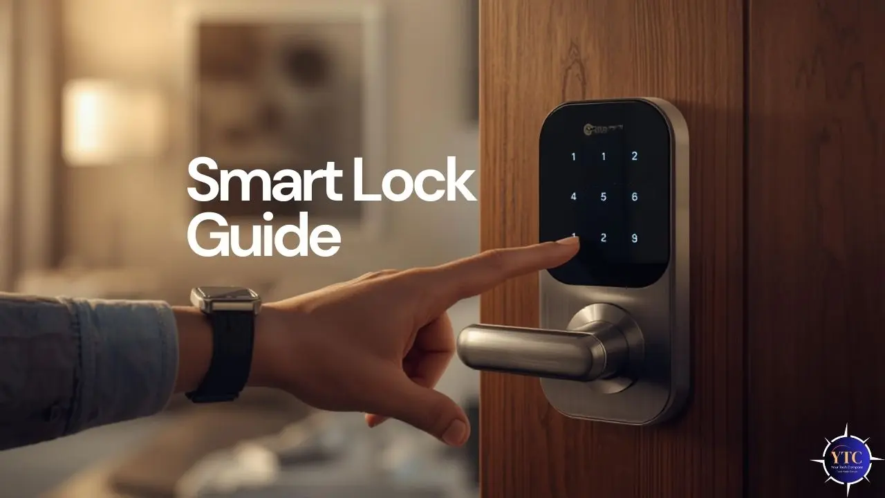 A hand wearing a smartwatch pressing a digit on a silver-finished smart lock’s illuminated keypad, with the text “Smart Lock Guide” overlaid, emphasizing user-friendly operation and modern home security in a warm indoor setting.