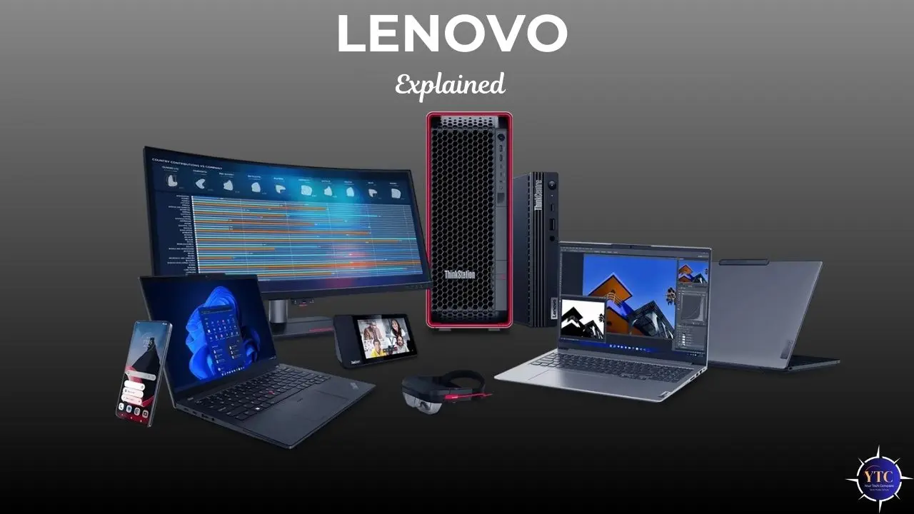 A wide promotional-style image showing multiple Lenovo devices arranged together. These include laptops, desktops, monitors, a tablet, a smartphone, and a VR headset. The text “LENOVO Explained” appears at the top, and the background is dark with a studio-lit appearance