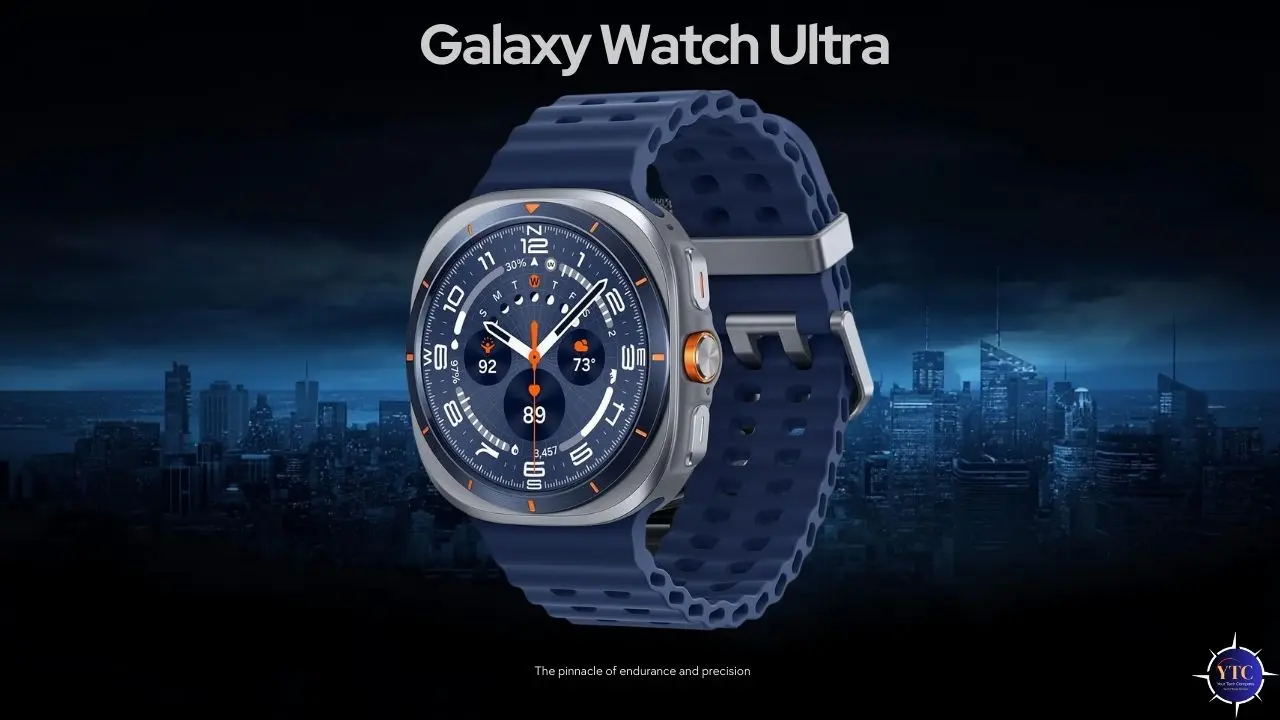 The Samsung Galaxy Watch Ultra in Titanium Blue set against a dramatic nighttime city skyline. The watch face displays health and activity metrics, with the tagline “The pinnacle of endurance and precision” below — reinforcing its durability and performance