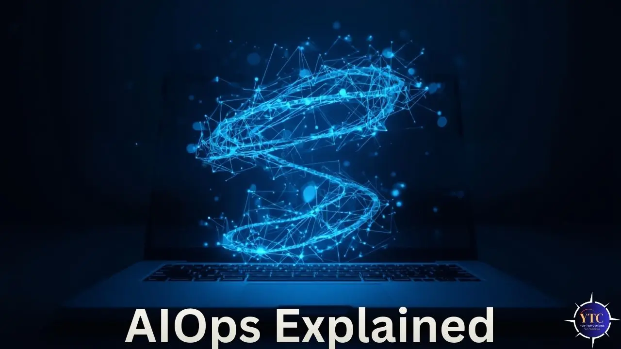 A laptop displaying dynamic blue digital graphics, illustrating the concept of AIOps with the text "AIOps Explained" prominently featured.