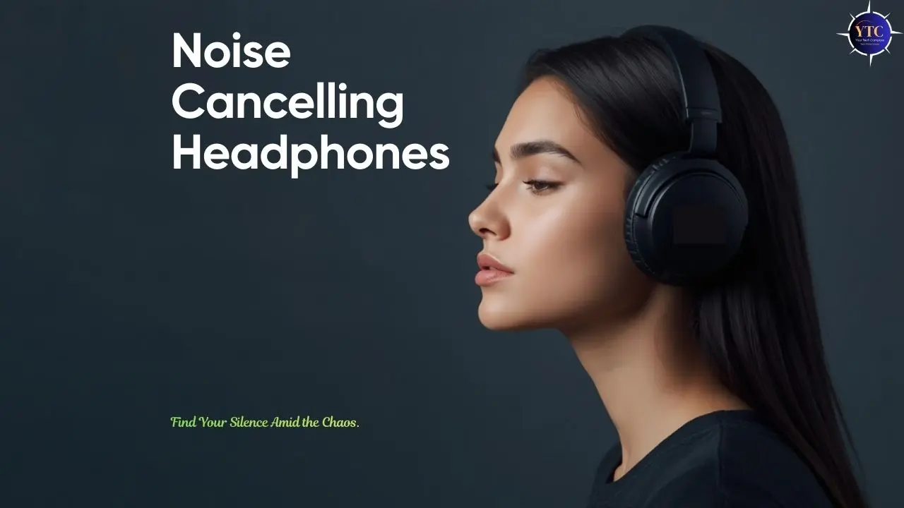 Person wearing noise-cancelling headphones with a dark background, featuring text promoting sound isolation and focus.