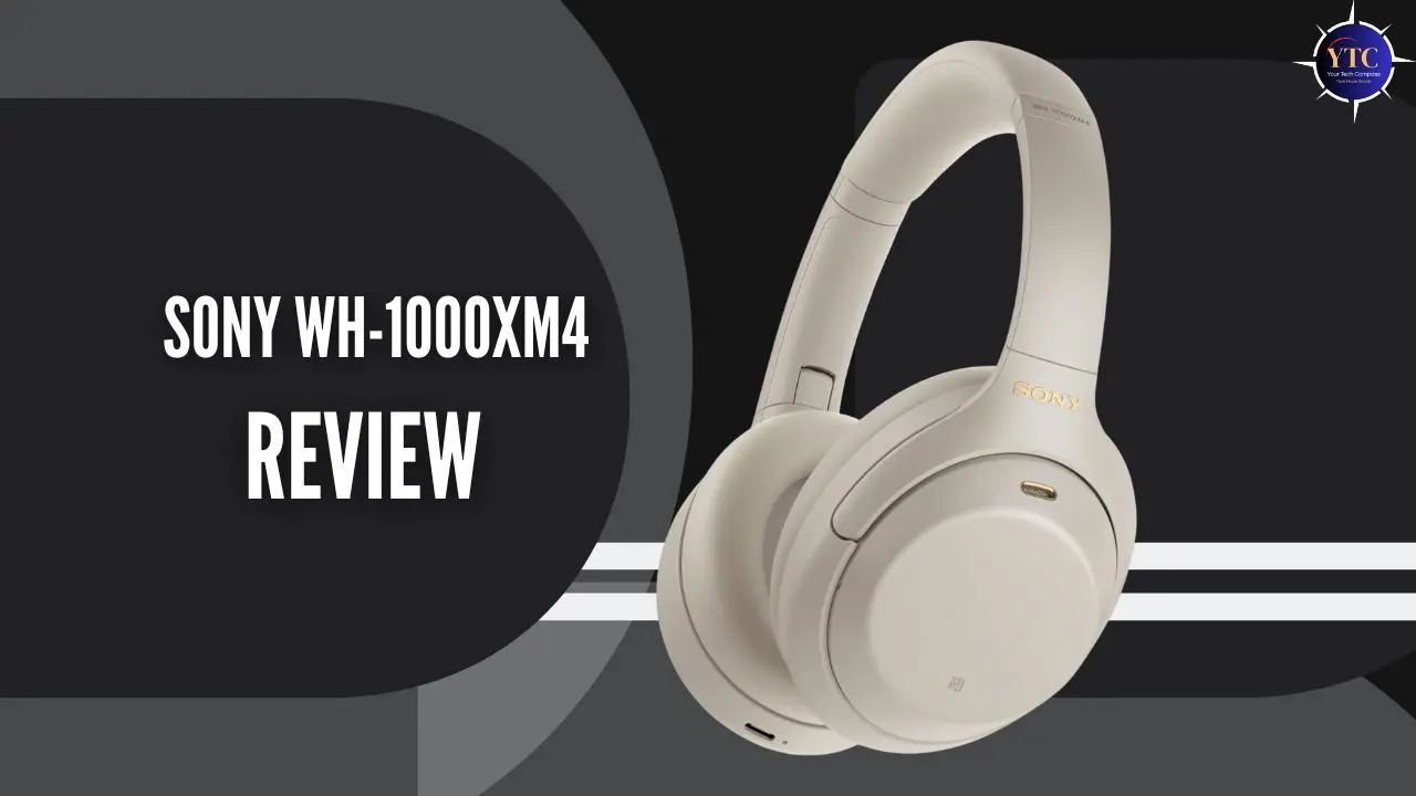 A promotional graphic titled “SONY WH-1000XM4 REVIEW” featuring a cream-colored Sony WH-1000XM4 headset against a dark gray abstract background, highlighting its premium design and positioning as a top-tier wireless noise-canceling headphone for review or comparison content.